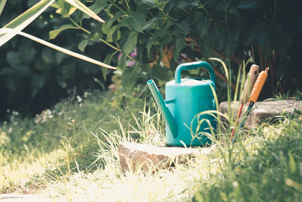 Arrosoir posé dans un jardin : l'arrosage des jardins potagers devient un usage autorisé des eaux grises en qualité A+